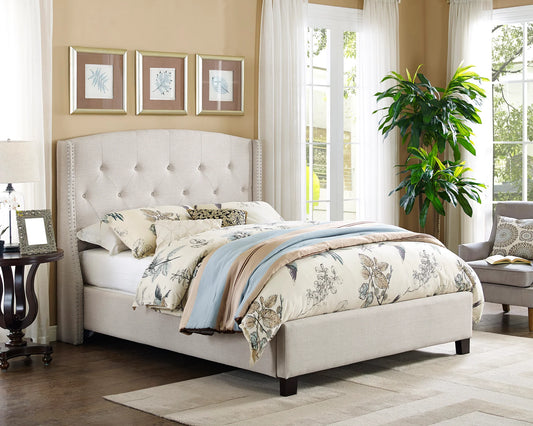 Brand New Beige Linen Fabric Bed With Nail head Trim