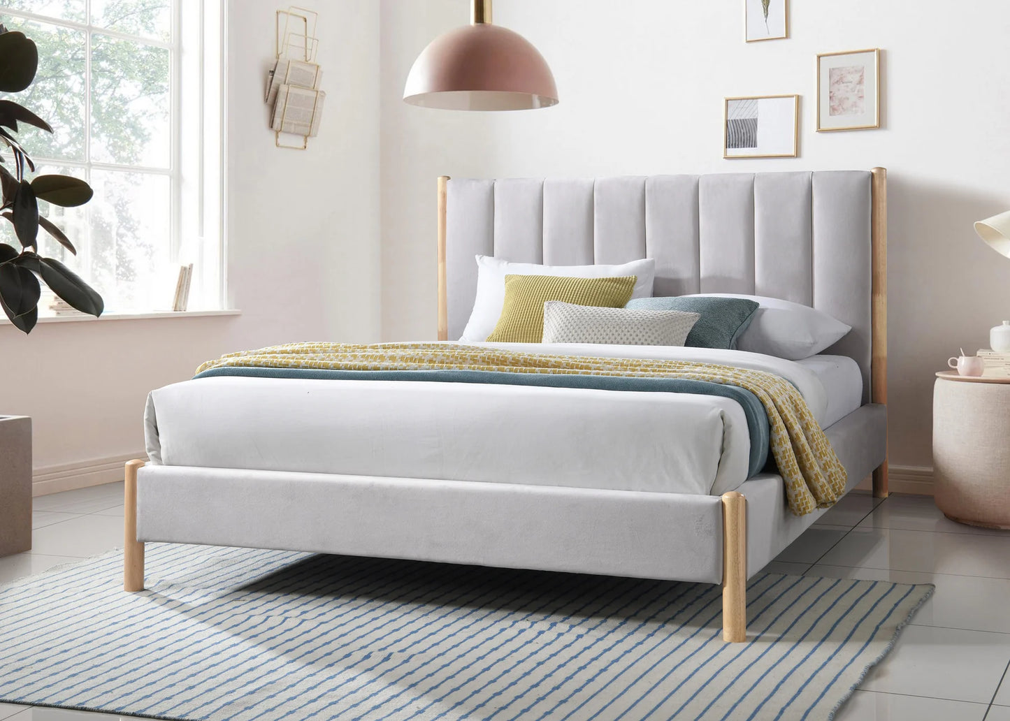 Brand New Ivory Velvet Platform Bed w/Wood Posts (Queen or Full)
