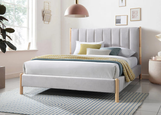 Brand New Ivory Velvet Platform Bed w/Wood Posts (Queen or Full)