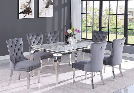 Brand New 7pc White Marble Dining Set w/Grey Chairs