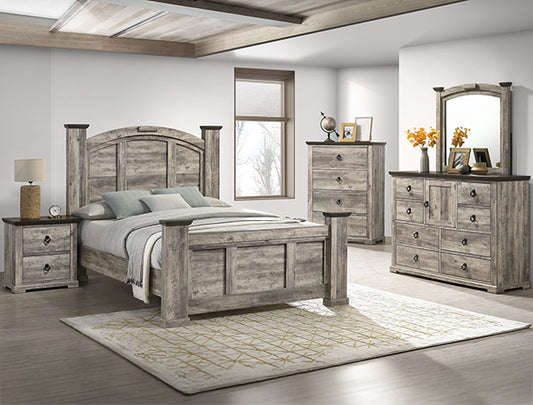 Brand New 4pc Rustic Grey Post Bedroom Set (Queen or King)