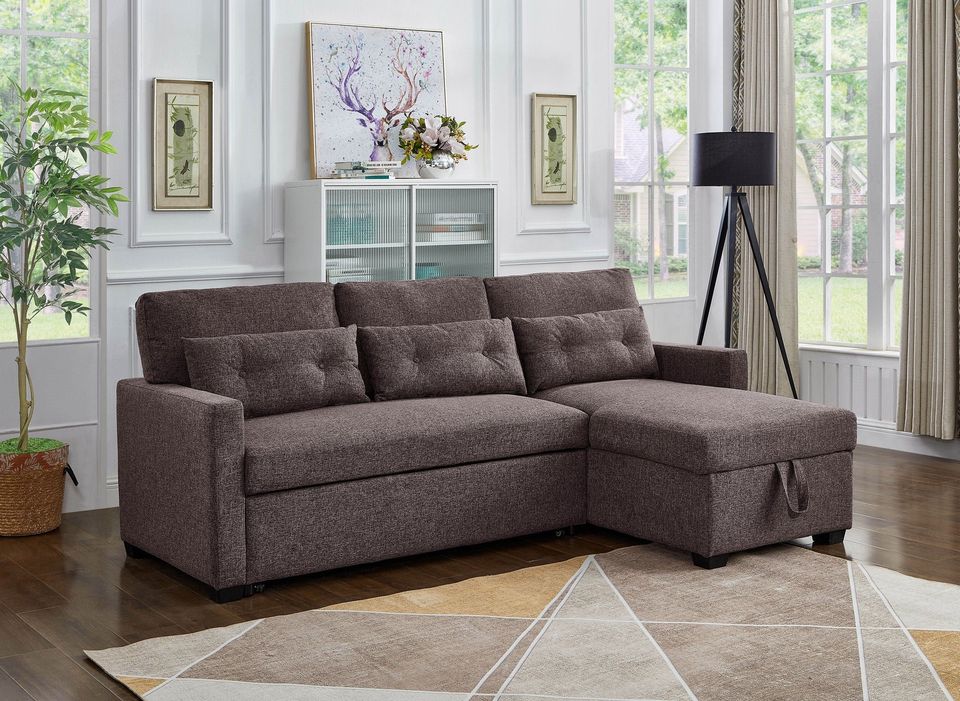 Brand New Sectional Sofa with Pullout Sleeper & Chaise Storage (Grey or Brown)