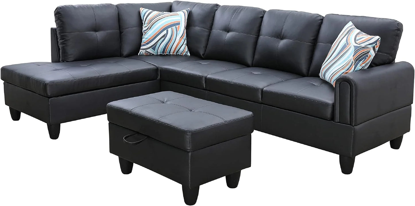 Brand New Black Small Faux Leather Sectional with Ottoman
