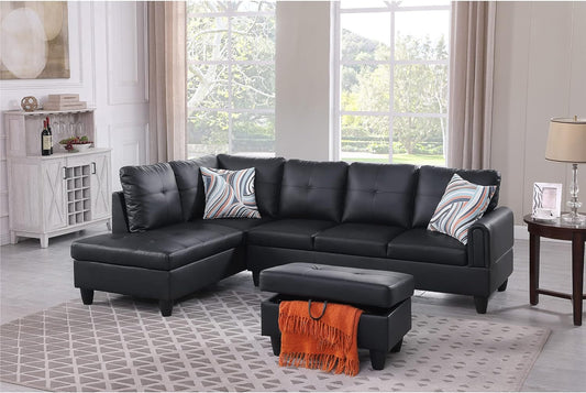 Brand New Black Small Faux Leather Sectional with Ottoman