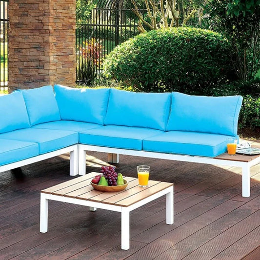 Brand New White/Oak/Blue Patio Sectional with Ottoman