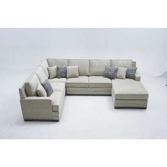 Brand New RHF Fabric U-Shaped Stationary Sectional Sofa w/ Chaise + Pillows (3 Colors)