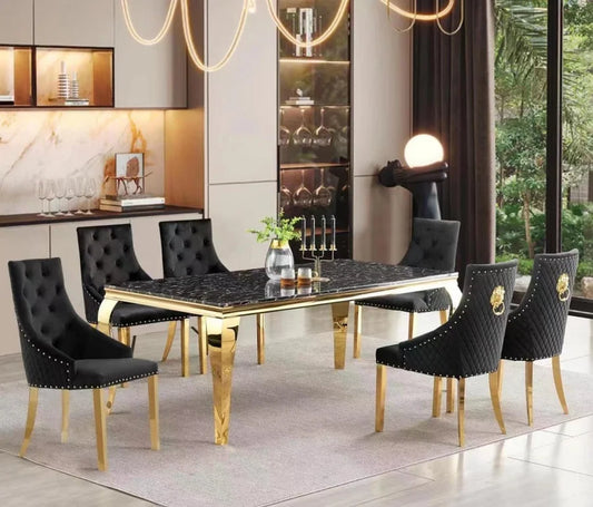 Brand New 7pc Black/Gold Real Marble Dining Set