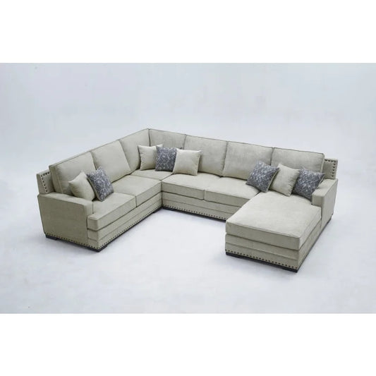 Brand New RHF Fabric U-Shaped Stationary Sectional Sofa w/ Chaise + Pillows (3 Colors)