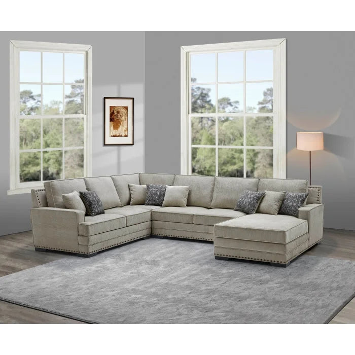 Brand New RHF Fabric U-Shaped Stationary Sectional Sofa w/ Chaise + Pillows (3 Colors)