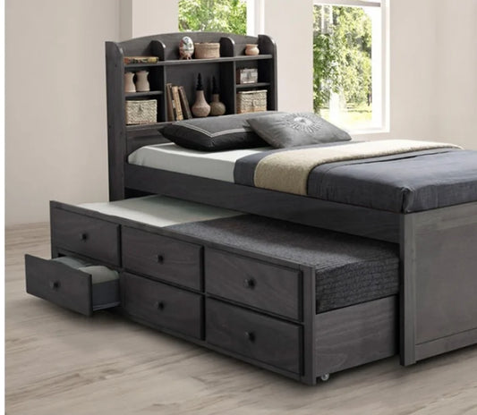 Brand New Grey Twin Size Captions Bed w/Trundle & Drawers