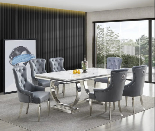 Brand New 7pc White Real Marble w/Chrome Dining Set