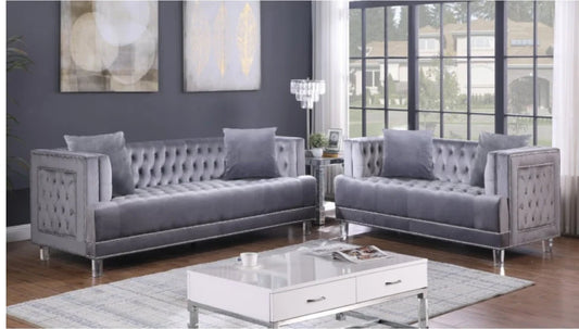 Brand New 2pc Grey Velvet Sofa Set