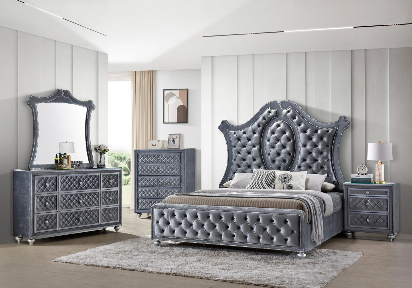 Brand New Grey Fabric 4pc Bedroom Set (Queen or King)