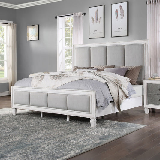 Brand New King Size Light Gray Linen, Rustic Gray & Weathered White Finish Bed