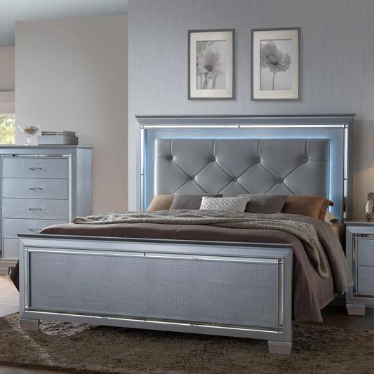 Brand New Silver 4pc Bedroom Set with LED Lights (2 Sizes)